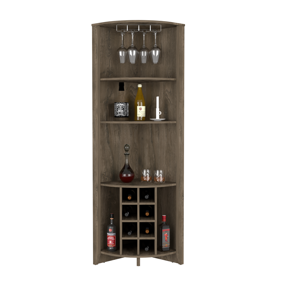 Castle Corner Bar Cabinet, Three Shelves, Eight Wine Cubbies