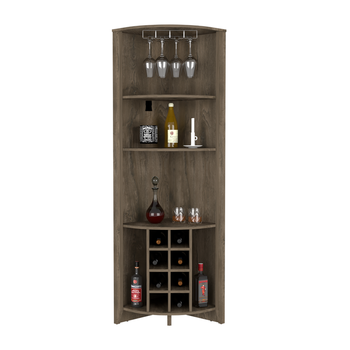 Castle Corner Bar Cabinet, Three Shelves, Eight Wine Cubbies