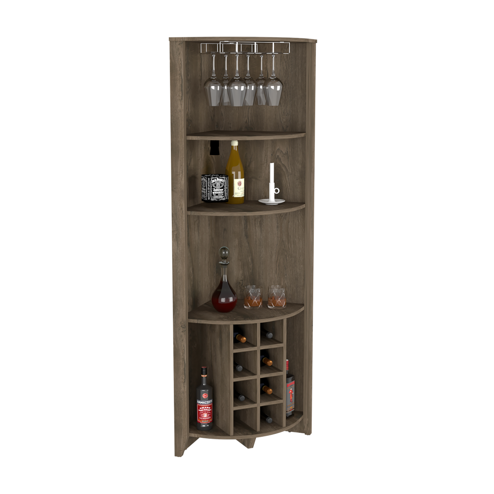 Castle Corner Bar Cabinet, Three Shelves, Eight Wine Cubbies