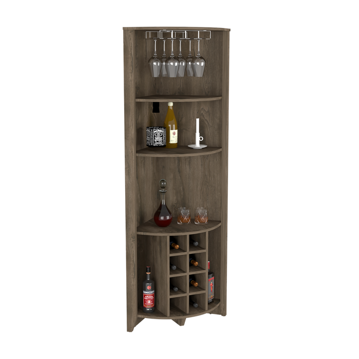 Castle Corner Bar Cabinet, Three Shelves, Eight Wine Cubbies