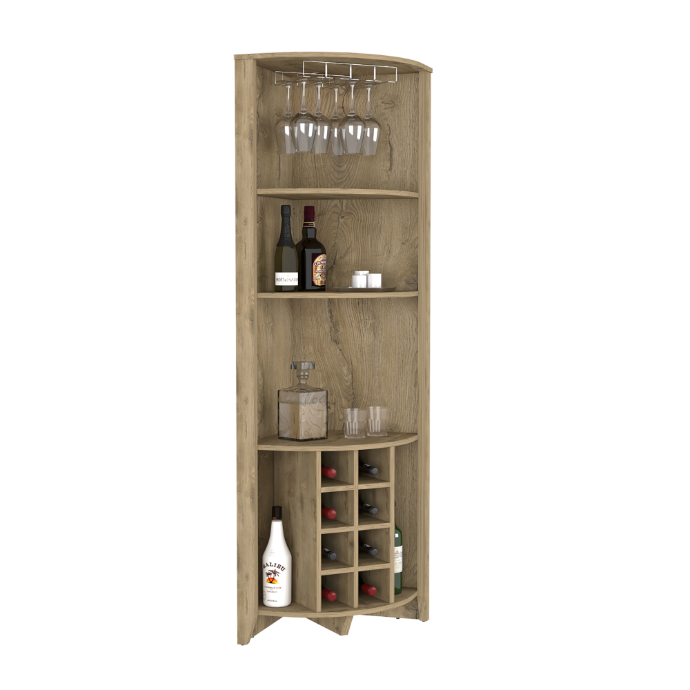 Castle Corner Bar Cabinet, Three Shelves, Eight Wine Cubbies