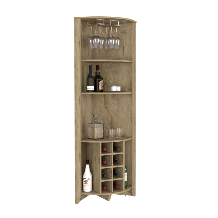 Castle Corner Bar Cabinet, Three Shelves, Eight Wine Cubbies