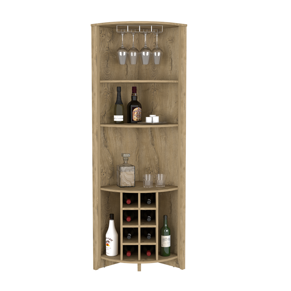 Castle Corner Bar Cabinet, Three Shelves, Eight Wine Cubbies