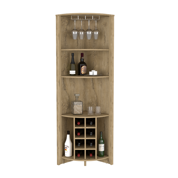 Castle Corner Bar Cabinet, Three Shelves, Eight Wine Cubbies