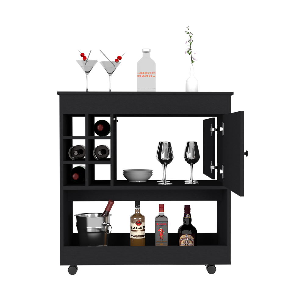 
Bar Cart Aloha, Lower Panel, Six Bottle Cubbies, One Cabinet, Black