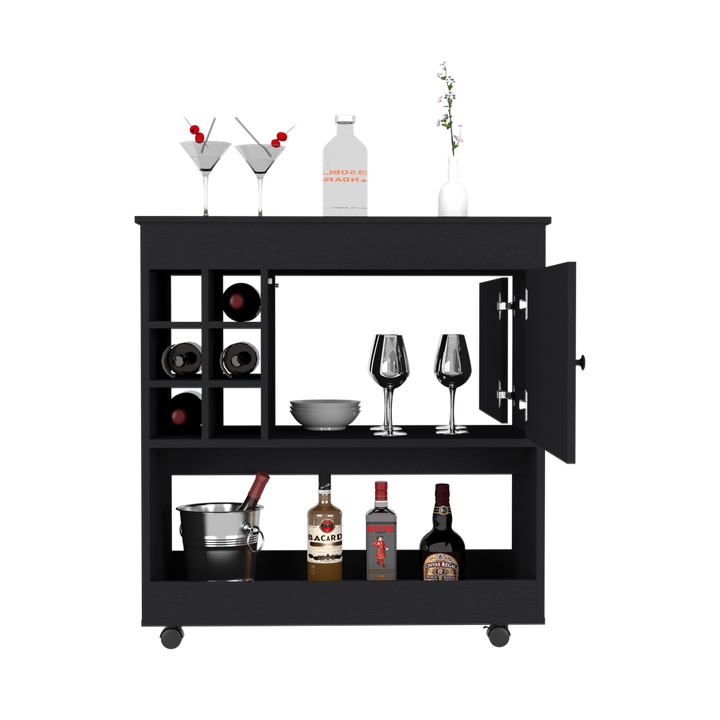 
Bar Cart Aloha, Lower Panel, Six Bottle Cubbies, One Cabinet, Black