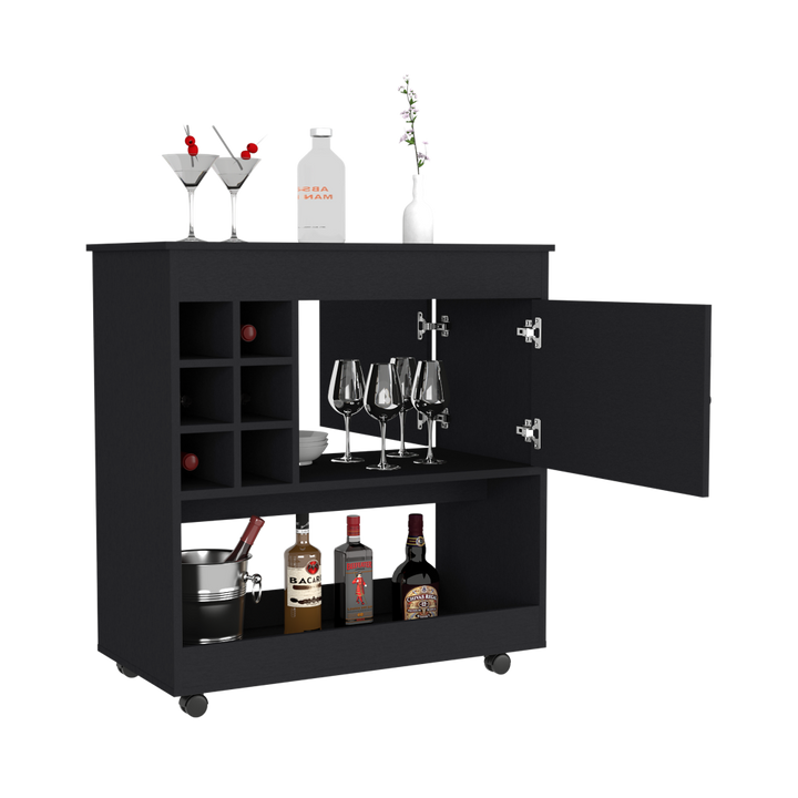 
Bar Cart Aloha, Lower Panel, Six Bottle Cubbies, One Cabinet, Black