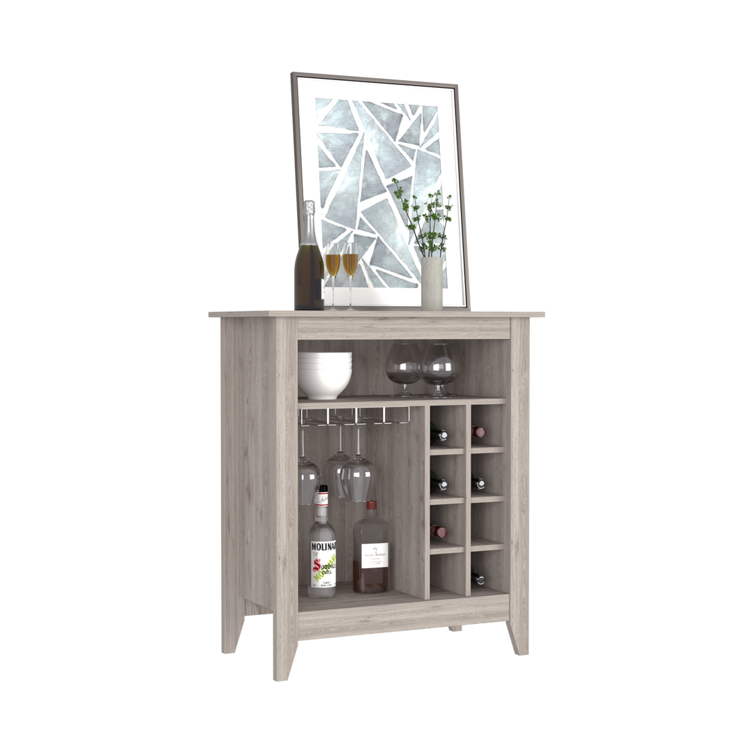 Bar Cabinet Castle, One Open Shelf, Six Wine Cubbies, Light Gray