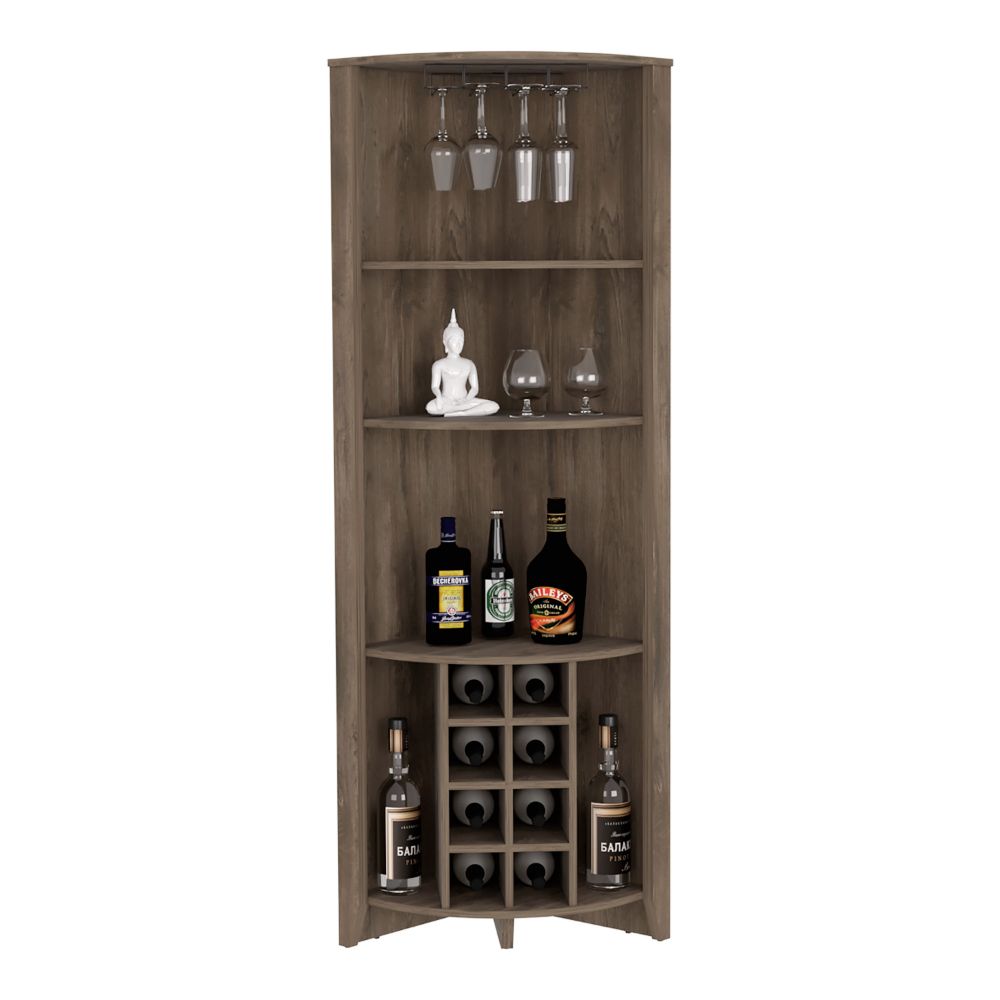 Castle Corner Bar Cabinet, Three Shelves, Eight Wine Cubbies