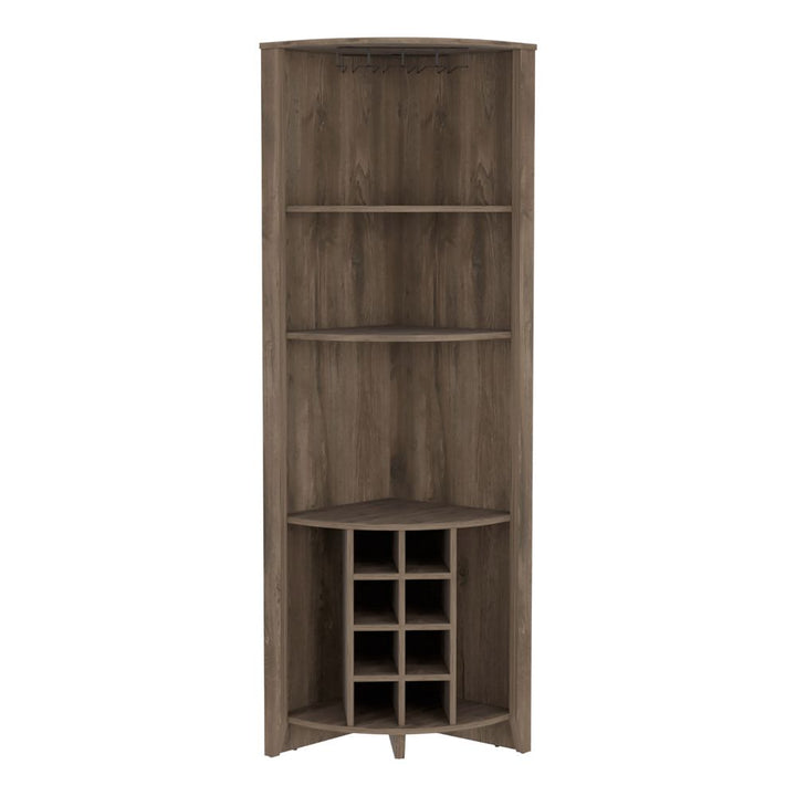 Castle Corner Bar Cabinet, Three Shelves, Eight Wine Cubbies