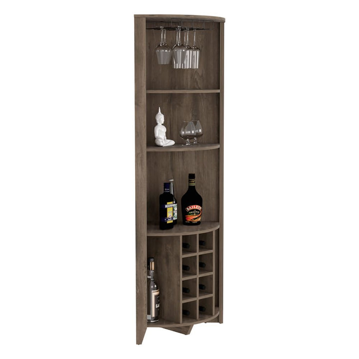 Castle Corner Bar Cabinet, Three Shelves, Eight Wine Cubbies