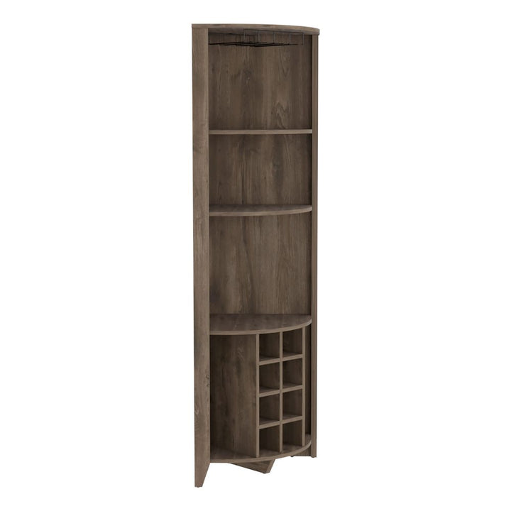 Castle Corner Bar Cabinet, Three Shelves, Eight Wine Cubbies