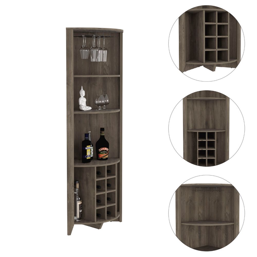 Castle Corner Bar Cabinet, Three Shelves, Eight Wine Cubbies