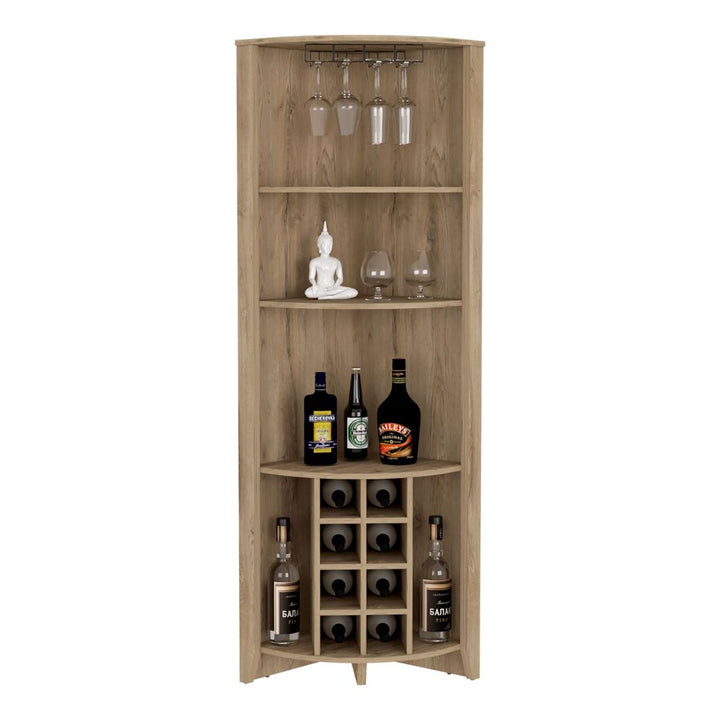 Castle Corner Bar Cabinet, Three Shelves, Eight Wine Cubbies