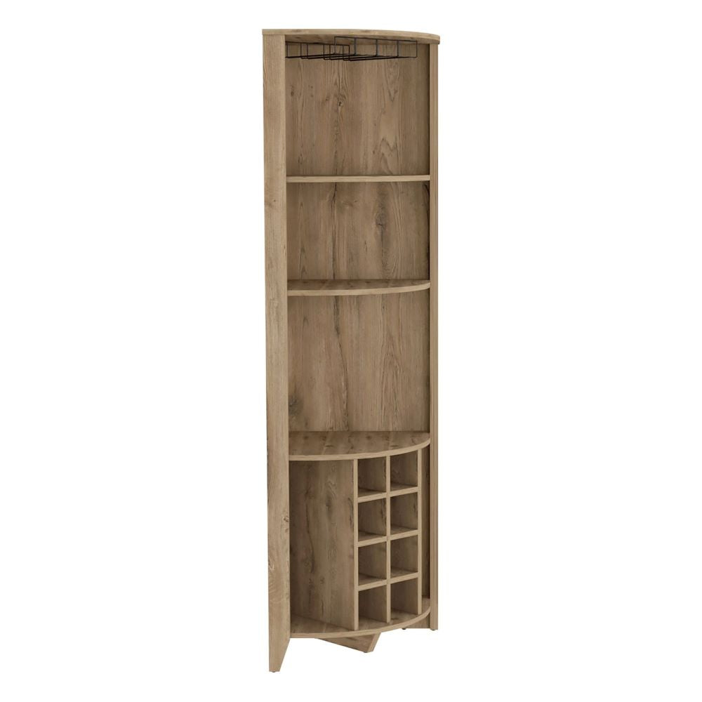 Castle Corner Bar Cabinet, Three Shelves, Eight Wine Cubbies