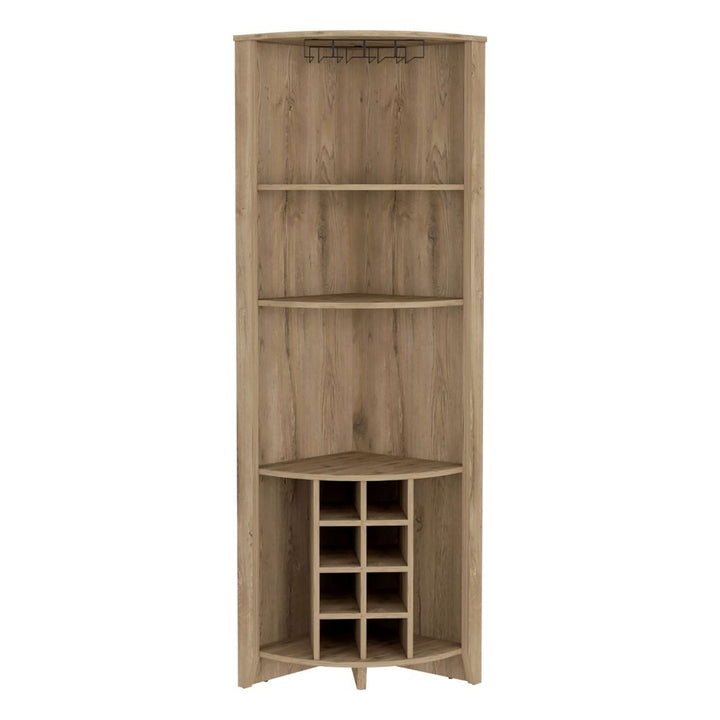 Castle Corner Bar Cabinet, Three Shelves, Eight Wine Cubbies