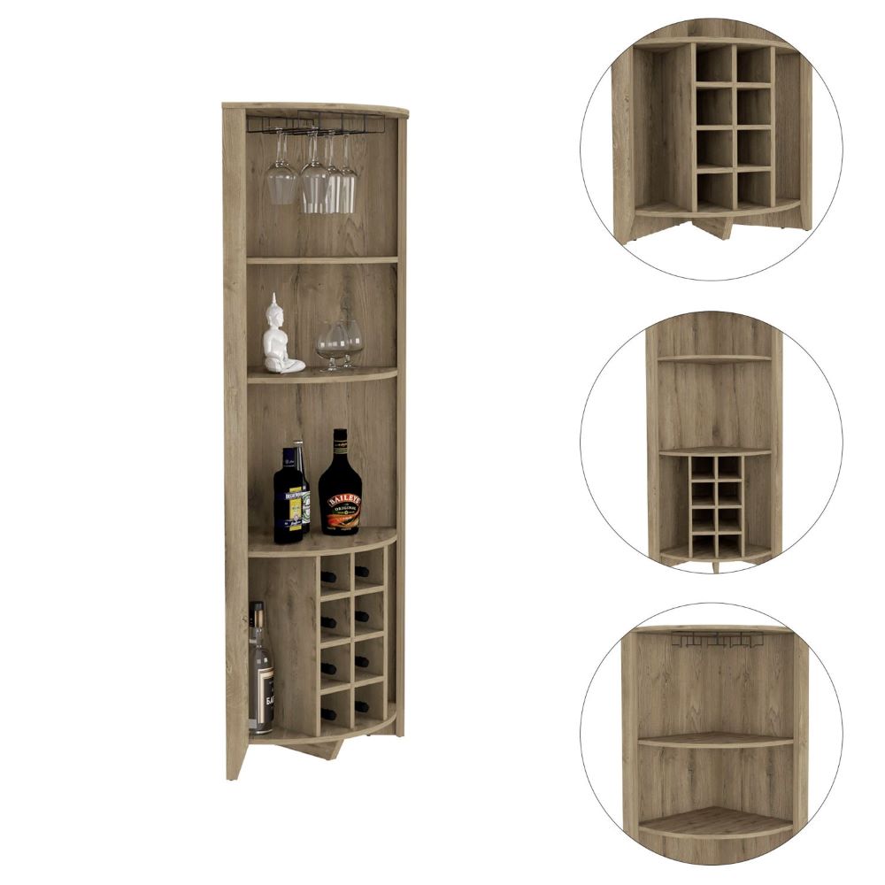 Castle Corner Bar Cabinet, Three Shelves, Eight Wine Cubbies