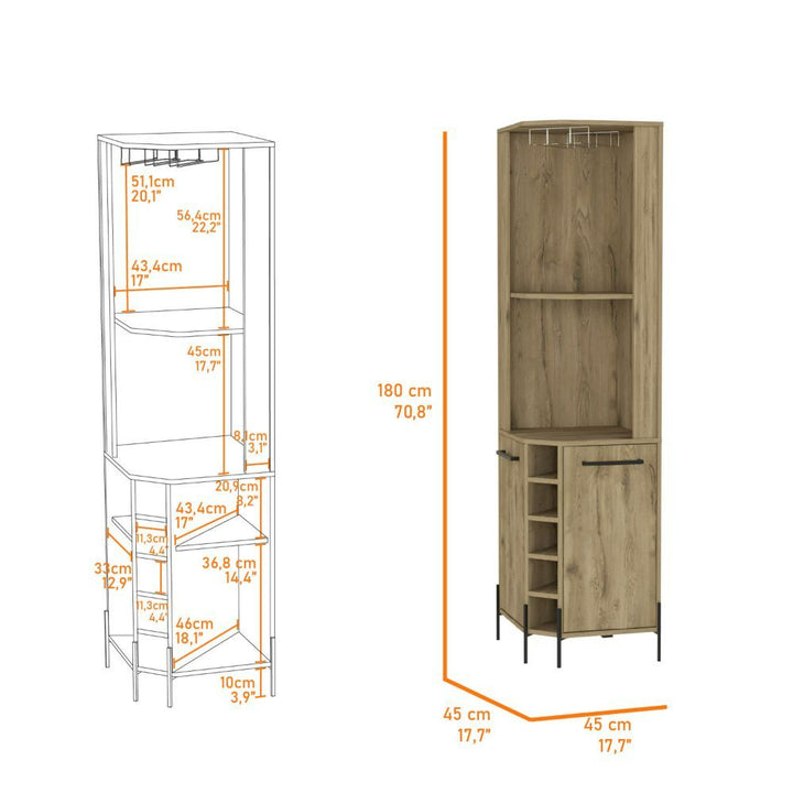 Shopron Corner Bar Cabinet, Two Shelves, Five Wine Cubbies - Aged Oak