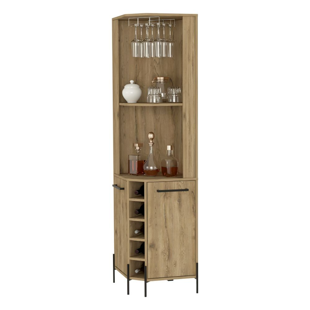 Shopron Corner Bar Cabinet, Two Shelves, Five Wine Cubbies - Aged Oak