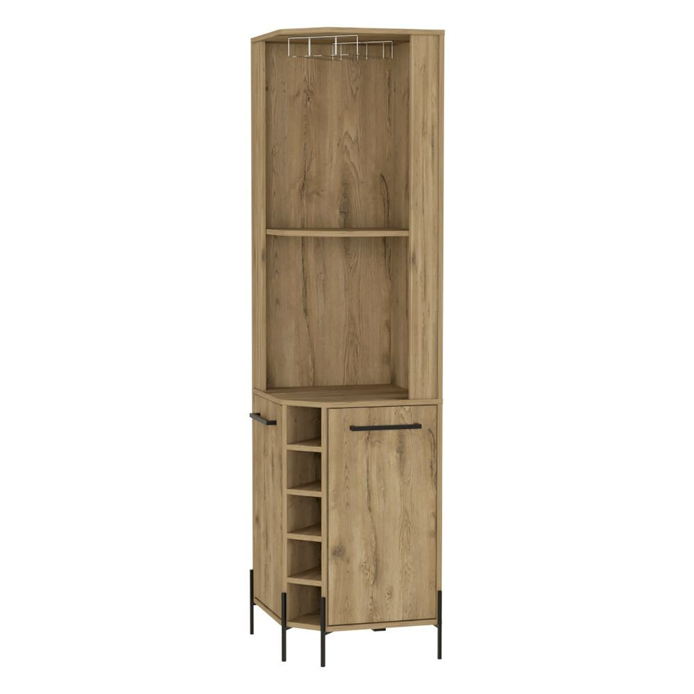 Shopron Corner Bar Cabinet, Two Shelves, Five Wine Cubbies - Aged Oak