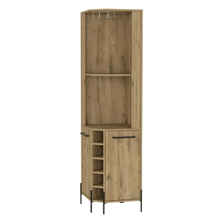 Shopron Corner Bar Cabinet, Two Shelves, Five Wine Cubbies - Aged Oak