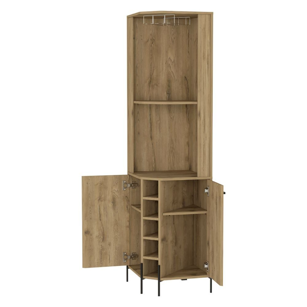 Shopron Corner Bar Cabinet, Two Shelves, Five Wine Cubbies - Aged Oak