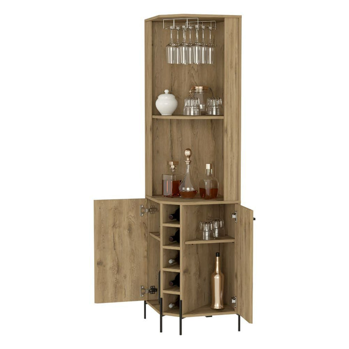 Shopron Corner Bar Cabinet, Two Shelves, Five Wine Cubbies - Aged Oak